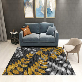 Golden Grey Leaves Pattern Rugs for Living Room Dining Room Bedroom