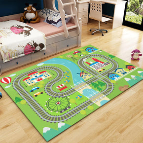 Train Track Pattern Modern Area Rugs Polyester Carpets for Bedroom Nursery Kids Room
