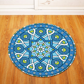 Blue Geometric Print Patterned Round Entryway Doormat Rugs Kitchen Bathroom Anti-slip Mats