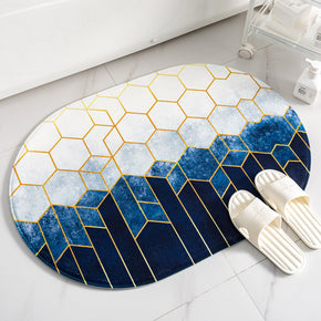 Blue White Modern Geometric Simplicity Oval Shape Flannel Patterned Simplicity Entryway Doormat Rugs Kitchen Bathroom Anti-slip Mats