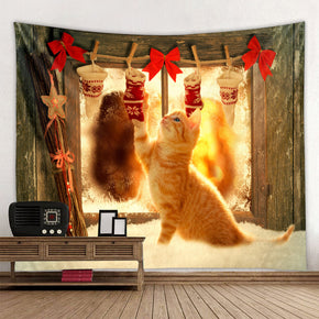 Cute Cat Sock Christmas Holiday Decor Wall Art Tapestry Rugs Tapestries for Dorm Room Bedroom Living Room Hall