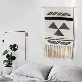 Black Geometric Pattern Cotton Hanging Rugs Tapestry with Tassel Handwoven for Bedroom Living Room Hall Wall Decor Art Tapestries