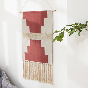 Red Geometric Pattern Cotton Hanging Rugs Tapestry with Tassel Handwoven for Bedroom Living Room Hall Wall Decor Art Tapestries