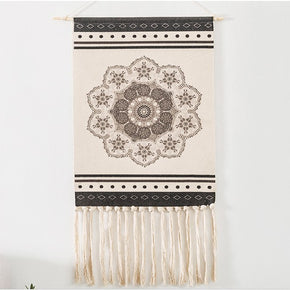 Black Printed Geometric Pattern Cotton Hanging Rugs Tapestry with Tassel Handwoven for Bedroom Living Room Hall Wall Decor Art Tapestries