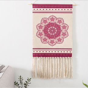 Pink Printed Geometric Pattern Cotton Hanging Rugs Tapestry with Tassel Handwoven for Bedroom Living Room Hall Wall Decor Art Tapestries