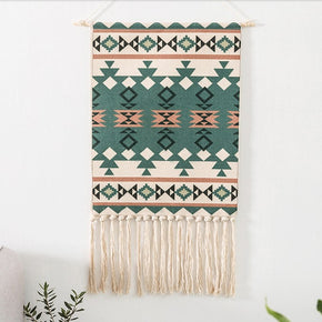 Green Moroccan Decorative Geometric Pattern Cotton Hanging Rugs Tapestry with Tassel Handwoven for Bedroom Living Room Hall Wall Decor Art Tapestries