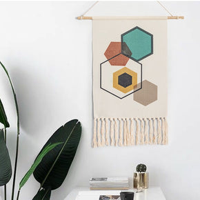 Hexagon Colourful Geometric Pattern Cotton Hanging Rugs Tapestry with Tassel Handwoven for Bedroom Living Room Hall Wall Decor Art Tapestries