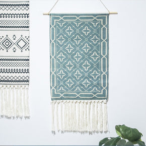 Blue Geometric Pattern Cotton Hanging Rugs Tapestry with Tassel Handwoven for Bedroom Living Room Hall Wall Decor Art Tapestries