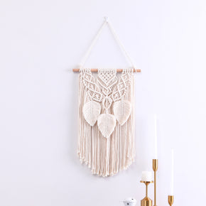 Beige Hand Woven Leaves Ornament Cotton Hanging Rugs Tapestry With Tassel Handwoven For Bedroom Living Room Hall Wall Decor Art Tapestries