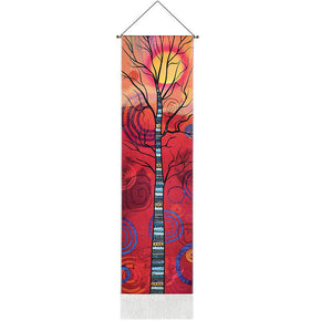 Trees and Sun Pattern Tapestry Wall Hanging with Tassels, Cotton Tapestries Wall Art for Bedroom
