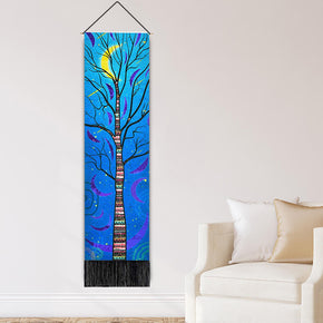 Trees and Moon Pattern Tapestry Wall Hanging with Tassels, Cotton Tapestries Wall Art for Bedroom
