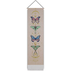 Butterflies Pattern Beige Tapestry Wall Hanging with Tassels, Cotton Tapestries Wall Art for Bedroom