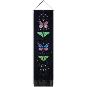 Butterflies Pattern Black Tapestry Wall Hanging with Tassels, Cotton Tapestries Wall Art for Bedroom