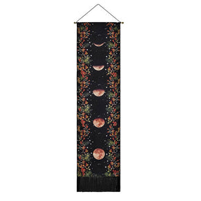 Floral Vines Forest Black Tapestry Wall Hanging with Tassels, Cotton Tapestries Wall Art for Bedroom