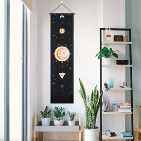 Sun and Moon Tapestry with Tassels, Psychedelic Golden Star Space Long Tapestry Wall Hangings, Cotton Wall Art Home Decoration for Bedroom Living Room