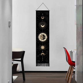 Black Sun Phase Pattern, Wall Hanging with Tassels, Cotton Tapestries Wall Art for Bedroom