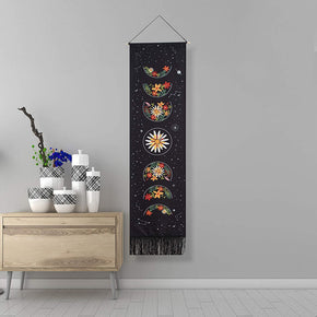 Flower Moon Phase Tapestry, Four Seasons Flowers Garden Tapestry Wall Hanging with Tassels, Cotton Long Tapestry Wall Art for Bedroom Living Room