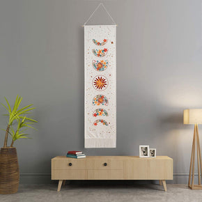 Flower Moon Phase White Tapestry, Four Seasons Flowers Garden Tapestry Wall Hanging with Tassels, Cotton Long Tapestry Wall Art for Bedroom Living Room