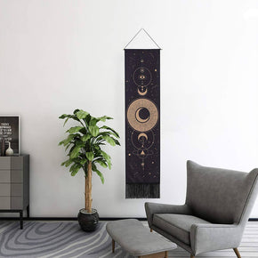 Moon Stars Pattern Black Wall Hanging Tapestry with Tassels, Cotton Tapestries Wall Art for Bedroom