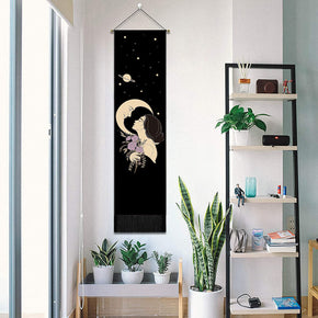 Moon and Girl Pattern Black Wall Hanging Tapestry with Tassels, Cotton Tapestries Wall Art for Bedroom