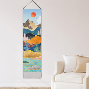 Multi-color Mountains and Sunset Pattern Wall Hanging Tapestry with Tassels, Cotton Tapestries Wall Art for Bedroom