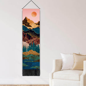 Charming Multi-color Mountains and Sunset Pattern Wall Hanging Tapestry with Tassels, Cotton Tapestries Wall Art for Bedroom