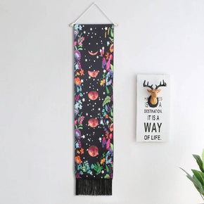 Floral Vines Forest and Moon Pattern Wall Hanging with Tassels, Cotton Tapestries Wall Art for Bedroom