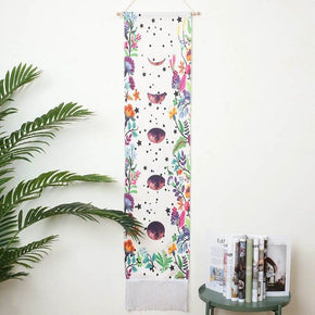 Floral Vines Forest and Moon Pattern White Wall Hanging with Tassels, Cotton Tapestries Wall Art for Bedroom