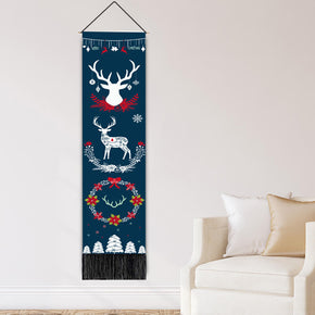 Christmas Fawn Pattern Blue Wall Hanging Tapestry with Tassels, Cotton Tapestries Wall Art for Bedroom