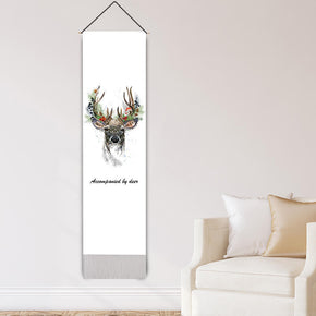 Elk Pattern White Wall Hanging Tapestry with Tassels, Cotton Tapestries Wall Art for Bedroom