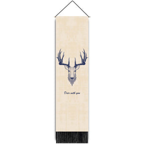 Elk Pattern Beige Wall Hanging Tapestry with Tassels, Cotton Tapestries Wall Art for Bedroom
