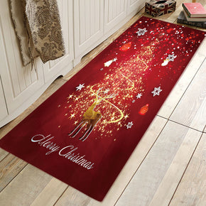 Sparkling Christmas Tree and Elk Pattern Red Christmas Entryway Doormat Runners Rugs Kitchen Bathroom Anti-skip Mats