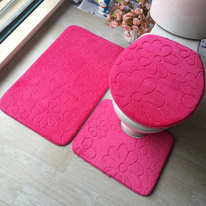 Red Floral Modern Coral Fleece Rugs Three-piece Bathroom Toilet Carpet Anti-Slip Mats