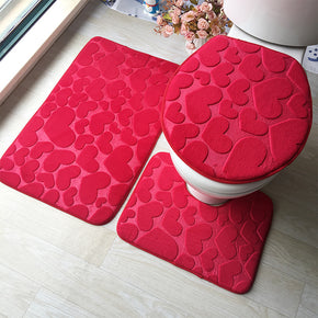 Red Heart-shaped Floral Modern Coral Fleece Rugs Three-piece Bathroom Toilet Carpet Anti-Slip Mats