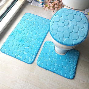 Blue Stone Shape Floral Modern Coral Fleece Rugs Three-piece Bathroom Toilet Carpet Anti-Slip Mats