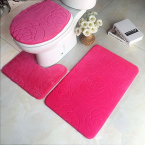 Red Rose Modern Coral Fleece Rugs Three-piece Bathroom Toilet Carpet Anti-Slip Mats