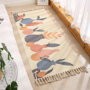 Decorative Floral Cotton Area Rug Hand Woven Rug Entryway Bedside Runner Thin Floor Mat Carpet with Tassel