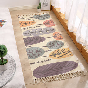 Decorative Leaf Cotton Area Rug Hand Woven Rug Entryway Bedside Runner Thin Floor Mat Carpet with Tassel