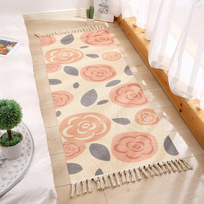 Decorative Floral Leaf Cotton Area Rug Hand Woven Washable Rug Entryway Bedside Runner Thin Floor Mat Carpet with Tassel