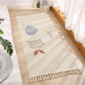 Decorative Kiss Fish Cotton Area Rug Hand Woven Washable Rug Entryway Bedside Runner Thin Floor Mat Carpet with Tassel