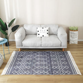 Grey Geometric Cotton Area Rug with Tassel Hand Woven Floor Carpet Rug for Living Room Bedroom