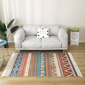 Colourful Geometric Cotton Area Rug with Tassel Hand Woven Floor Carpet Rug for Living Room Bedroom
