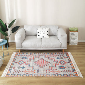 Colourful Geometric Patterned Cotton Area Rug with Tassel Hand Woven Floor Carpet Rug for Living Room Bedroom