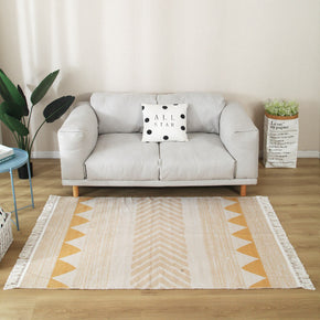 Yellow Geometric Patterned Striped Cotton Area Rug with Tassel Hand Woven Floor Carpet Rug for Living Room Bedroom