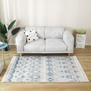 Faded Blue Colour Geometric Patterned Cotton Area Rug with Tassel Hand Woven Floor Carpet Rug for Living Room Bedroom