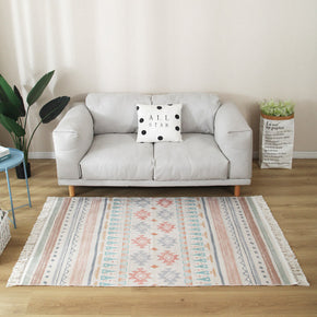 Colourful Geometric Moroccan Patterned Cotton Area Rug with Tassel Hand Woven Floor Carpet Rug for Living Room Bedroom