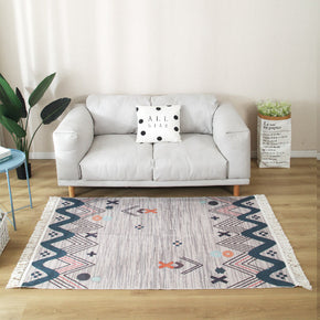 Colourful Grey Geometric Patterned Cotton Area Rug with Tassel Hand Woven Floor Carpet Rug for Living Room Bedroom