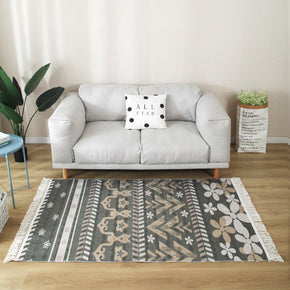 Black Grey Floral Patterned Cotton Area Rug with Tassel Hand Woven Floor Carpet Rug for Living Room Bedroom