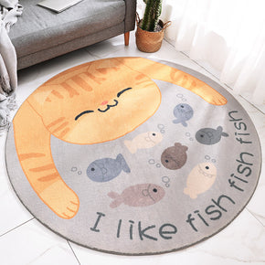 Cat And Fishes Pattern Round Shaggy Soft Girls Boys Bedroom Kids Room Bedside Living Room Carpet Rugs
