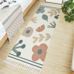 Cartoon Green Leaf And Flower Pattern Cotton Area Rug Hand Woven Washable Rug Entryway Bedside Runner Thin Floor Mat Carpet with Tassel